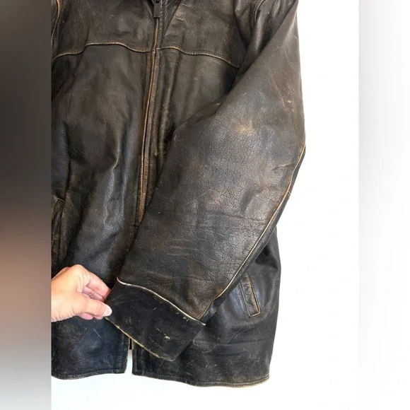 Kenneth Cole New York Men’s L Heavyweight Distressed Brown Leather Jacket Patina